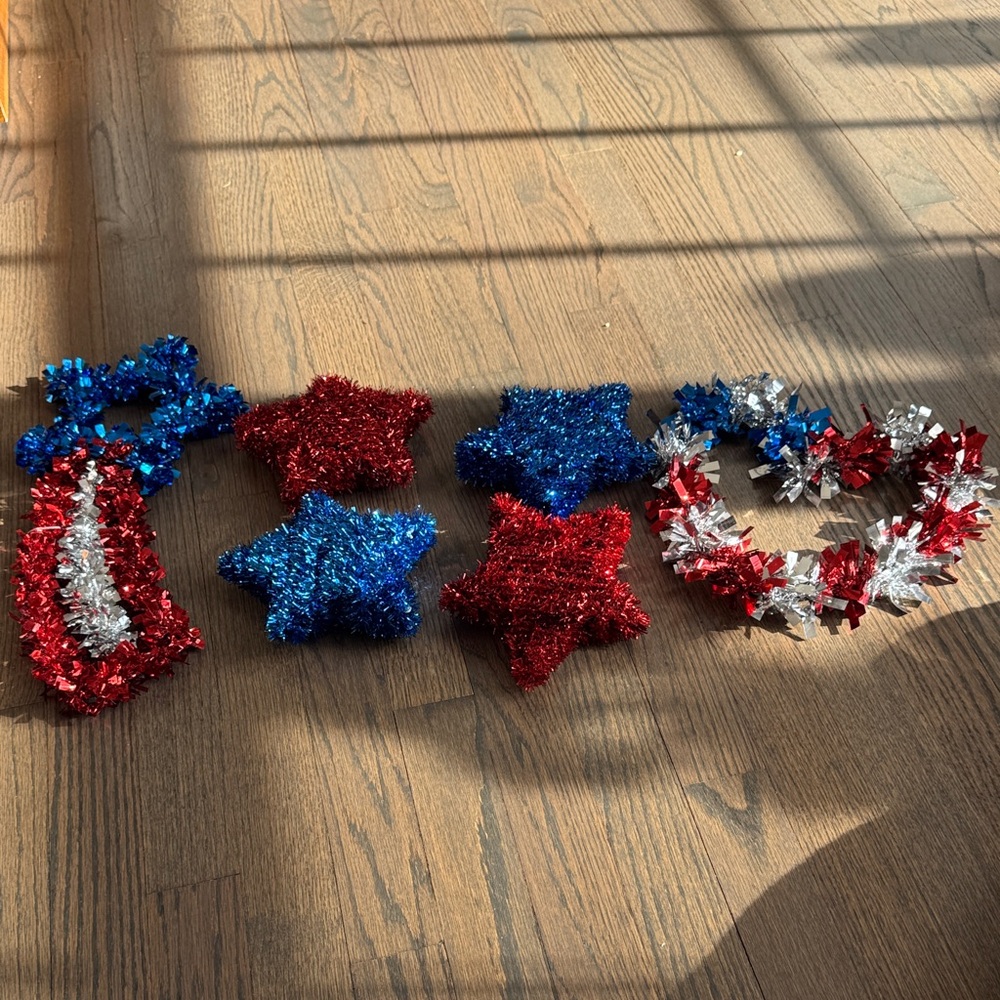 Festive Red, Blue, and Silver Star Decorations